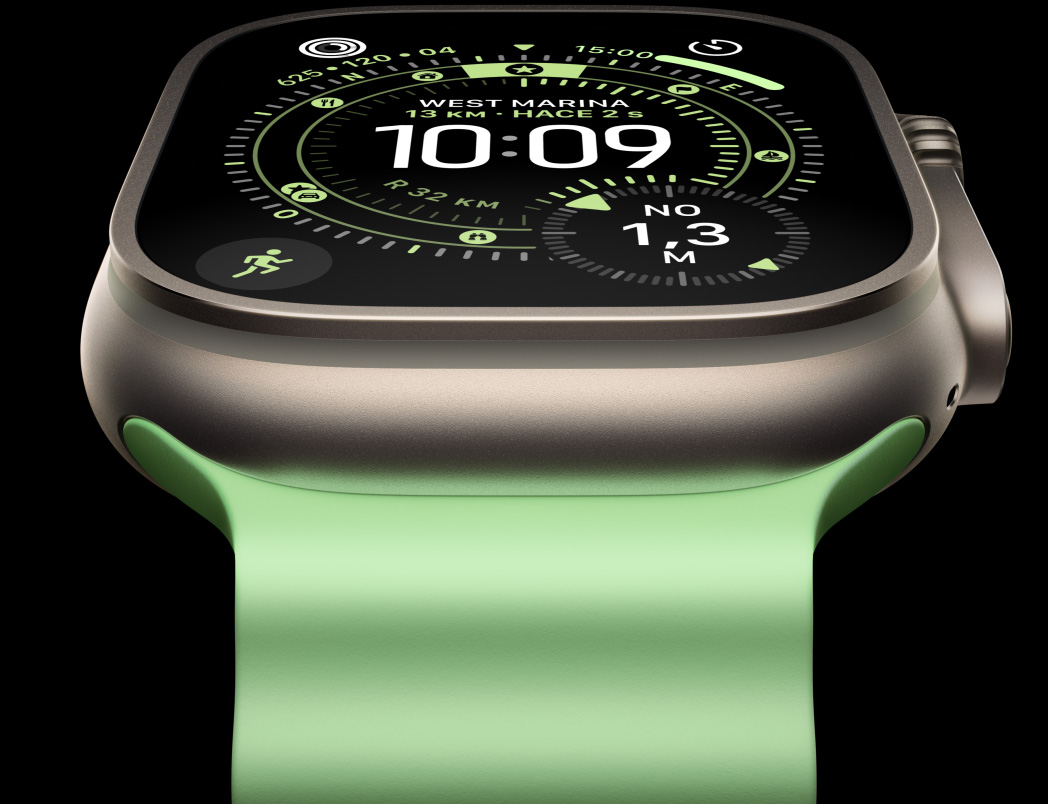 Apple Watch Ultra 3, caja de titanio, natural, brújula en la carátula Orientación, correa Ocean, verde neón