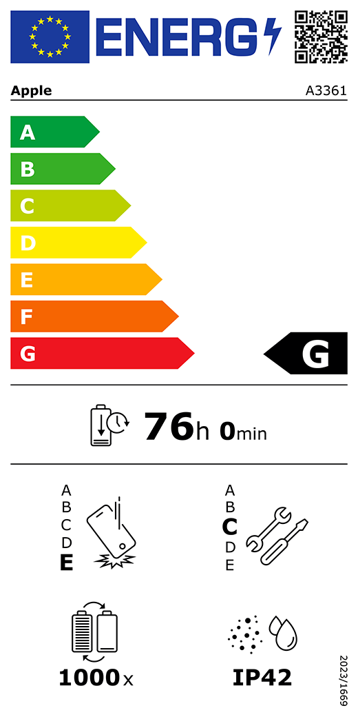 QR kód a informace na energetickém štítku EU, model Apple A3361, třída G, třídy energetické účinnosti (na stupnici od A do G), A (nejvyšší účinnost) až G (nejnižší účinnost), výdrž baterie na jeden cyklus, 76 hodin a 0 minut na plné nabití baterie, třída spolehlivosti při opakovaném volném pádu E, A (nejvyšší odolnost) až E (nejnižší odolnost), třída opravitelnosti C, A (nejlepší opravitelnost) až E (nejhorší opravitelnost), životnost baterie 1 000 cyklů, stupeň ochrany proti vniknutí prachu a vody (IP) IP42, nařízení 2023/1669