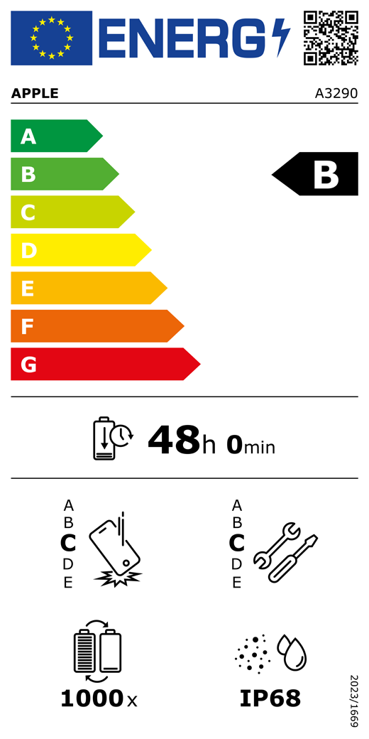 Código QR e información de la etiqueta energética de la UE, modelo A3290 de Apple, clase B, clases de eficiencia energética (con una escala de la A a la G), de la A (la más eficiente) a la G (la menos eficiente), duración de la batería por ciclo, 48 horas y 0 minutos por carga completa de la batería, fiabilidad en caídas repetidas de clase C, de la A (la más robusta) a la E (la menos robusta), reparabilidad de clase C, de la A (la más reparable) a la E (la menos reparable), 1.000 ciclos de carga de la batería, grado de protección contra la entrada de polvo y agua (IP) IP68, normativa 2023/1669.