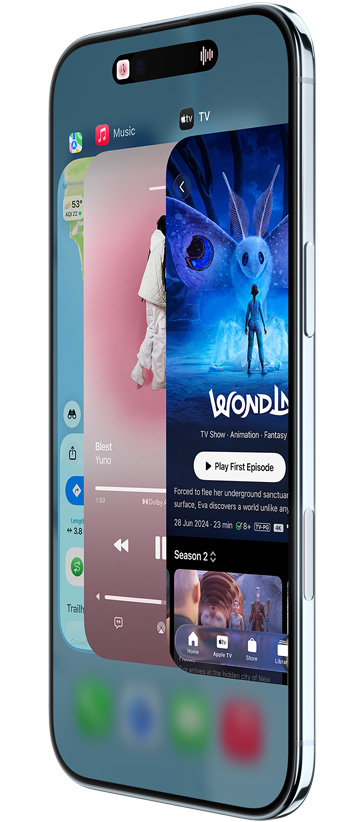 iPhone Air, etupuoli, sivunäkymä, näkyvillä seuraavat apit: Kartat, Musiikki ja Apple TV+, näkyvillä käytössä oleva apinvaihtaja-ominaisuus