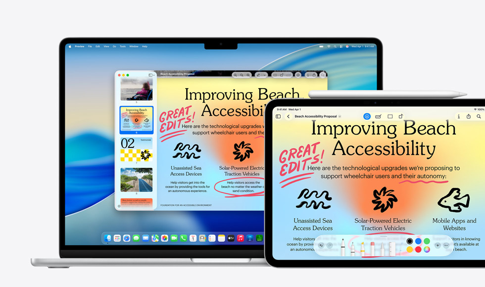 Flere Apple-enheter viser det samme bildet. En Apple Pencil har blitt brukt til å merke bildet på iPaden, og merkingen vises også på de andre enhetene.