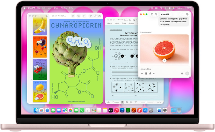 MacBook Neo i färgen rosé som visar hur ChatGPT skapar en bild av en grapefrukt, andra fönster innehåller ett Keynote-dokument med titeln molecule posters med bilder av frukter och grönsaker och relaterade molekylära föreningar, samt ett Microsoft Word-dokument med samma tema