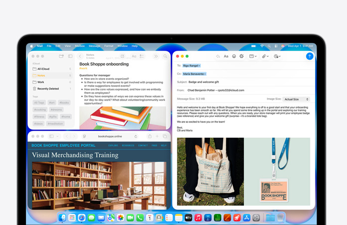 MacBook Neo i färgen indigo, skärmen visar ett välkomstmejl till en nyanställd i en bokhandel, i andra staplade fönster visas noteringar i Anteckningar om anställningen och bokhandelns webbportal i Safari
