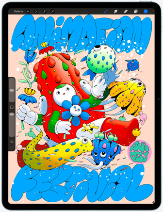 Un iPad Air mostrato di fronte, si nota l’app Procreate con un’illustrazione digitale dai colori brillanti di personaggi e oggetti