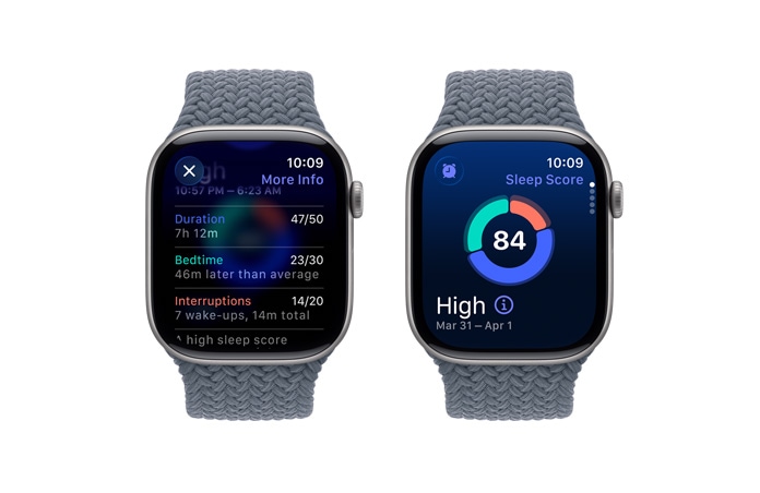 „Apple Watch Series 11“, kosminės pilkos spalvos, aliuminio korpusas, miego įvertinimo pranešimas, dešinės pusės išorinė dalis, „Digital Crown“, „Braided Solo“ apyrankė, plieno mėlynos spalvos