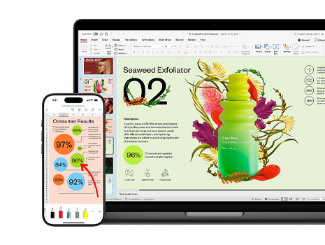En Mac og en iPhone viser forskellige afsnit af en levende og farverig præsentation med fokus på et hudplejeprodukt.