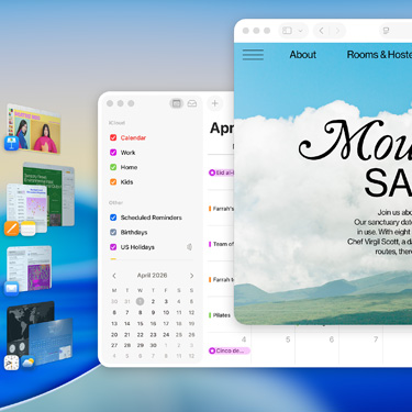 在 macOS Tahoe 螢幕上展示多個視窗和 app，包括 Keynote、Pages、郵件 app，以及一個以一處避靜聖地為主題的網站。直覺化設計，非常易用。