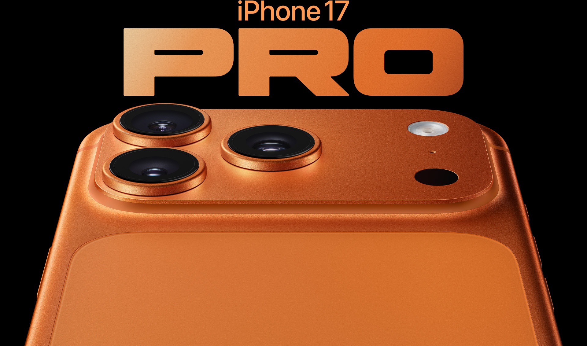 iPhone 17 Pro, kosmisen oranssin värinen, taustapuoli osittain näkyvissä, ammattitason kamerajärjestelmä vasemmassa yläkulmassa, 3 linssiä, mikrofoni, salama