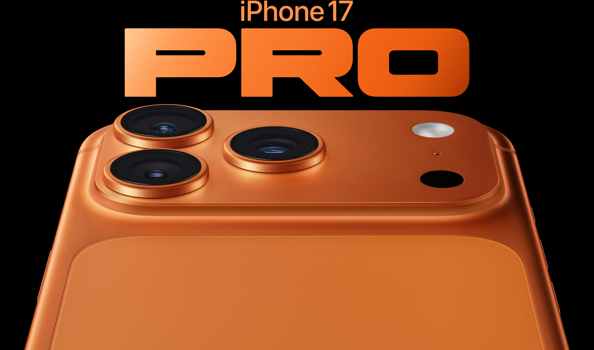 iPhone 17 Pro, kosmisen oranssin värinen, taustapuoli osittain näkyvissä, ammattitason kamerajärjestelmä vasemmassa yläkulmassa, 3 linssiä, mikrofoni, salama