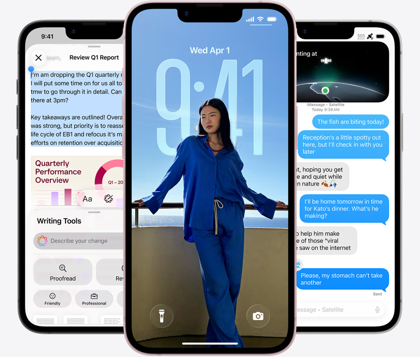 Three iPhone 17e devices, front exterior, screenshot featuring Writing Tools in use, Lock Screen showing a photo of a person, and Messages app sending messages via satellite