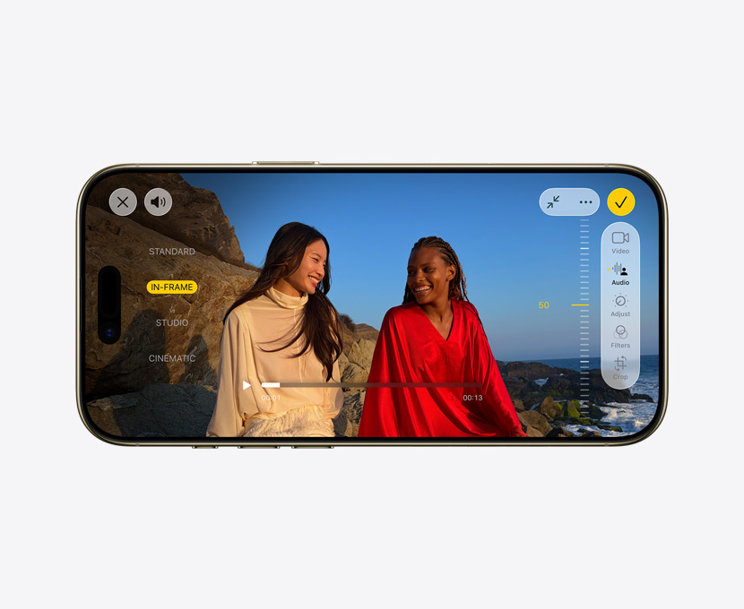 iPhone Air, eksterior depan, video Pro dengan fitur Mixing&nbsp;Audio yang digunakan