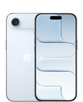 iPhone&nbsp;Air, eksterior belakang, warna Biru&nbsp;Langit, sistem kamera Fusion di bagian atas, logo Apple di tengah, eksterior depan, warna Biru&nbsp;Langit, Dynamic&nbsp;Island di tengah atas