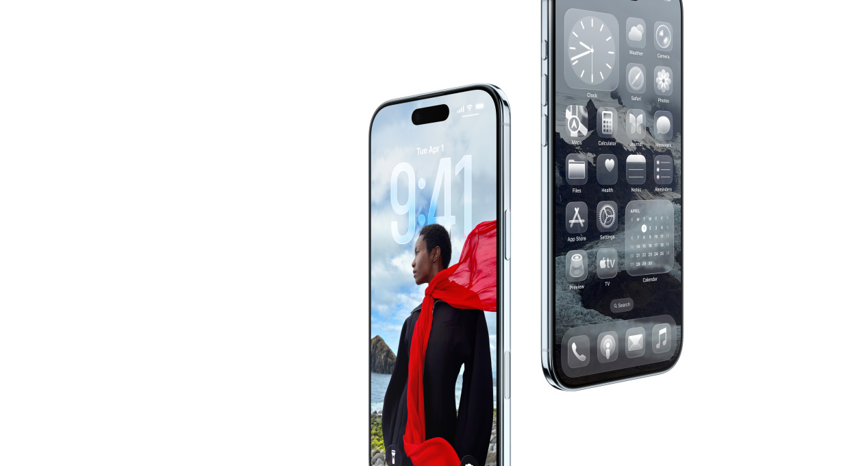 Dua perangkat iPhone&nbsp;Air, eksterior depan, eksterior samping, bentuk tipis, Layar&nbsp;Terkunci dinamis, Layar&nbsp;Home dengan aplikasi Liquid&nbsp;Glass