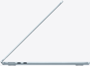 Otwarty MacBook Air w kolorze błękitnym widziany z boku