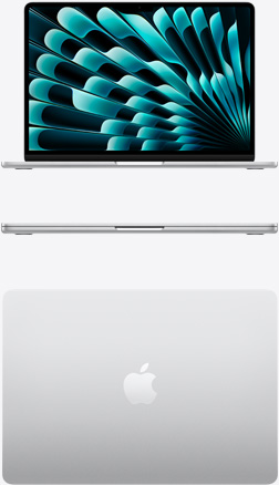 MacBook Air w kolorze srebrnym widziany z przodu i z góry
