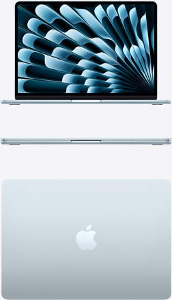 MacBook Air w kolorze błękitnym widziany z przodu i z góry