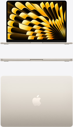 MacBook Air w kolorze księżycowej poświaty widziany z przodu i z góry